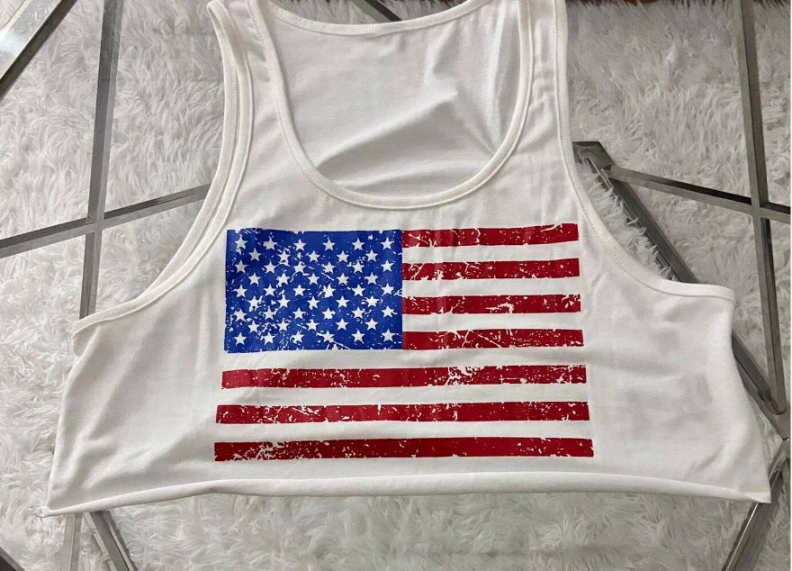White tank top with American flag design on a textured surface