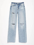 Light blue distressed jeans on a white background