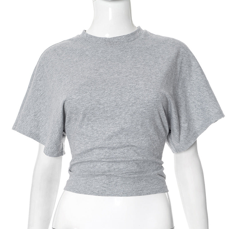 Gray crop top on a mannequin against a white background