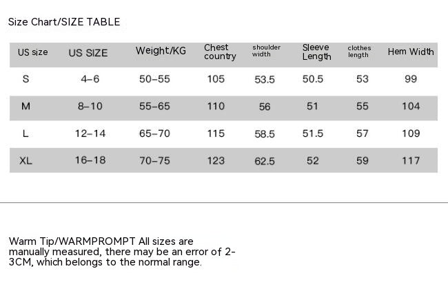 Size chart for clothing measurements with US size, weight, chest, shoulder, sleeve, clothes, and hem width details.