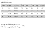 Size chart for clothing measurements with US size, weight, chest, shoulder, sleeve, clothes, and hem width details.