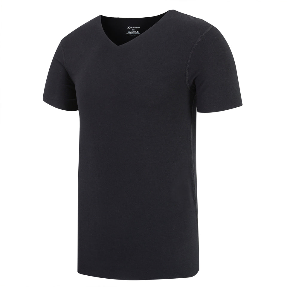 Black V-neck t-shirt on a white background