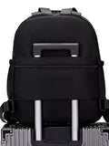 Black backpack with silver handles and wheels on a white background