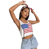 Woman wearing a white tank top with an American flag design on a white background