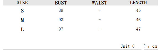 Table displaying size chart for bust, waist, and length measurements in centimeters.