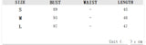 Table displaying size chart for bust, waist, and length measurements in centimeters.